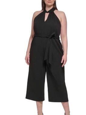 BNWT Plus-size Calvin Klein Black Halter Cropped Jumpsuit with Waist Tie 16w